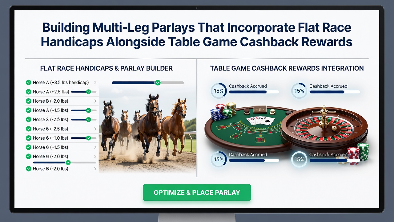 Illustratie van multi-leg parlay structuren met paardenrennen en casinospellen