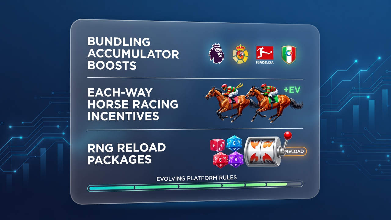 Illustratie van gecombineerde sport- en casino promoties met accumulator boosts en paardenrace incentives