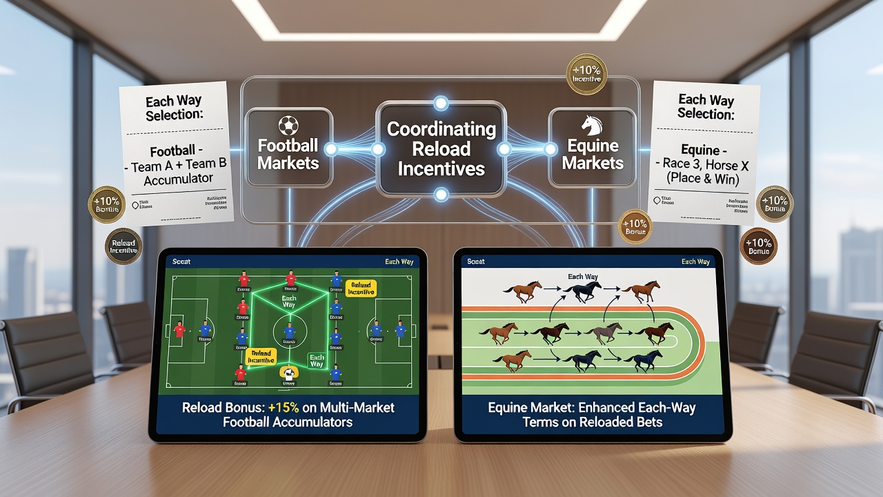 Overzicht van sportsbook en renbaaninterfaces met herlaadbonussen en each-way opties