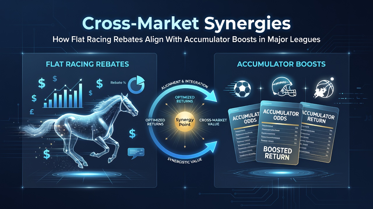 Illustratie van cross-market synergies tussen flat racing rebates en accumulator boosts in sportweddenschappen