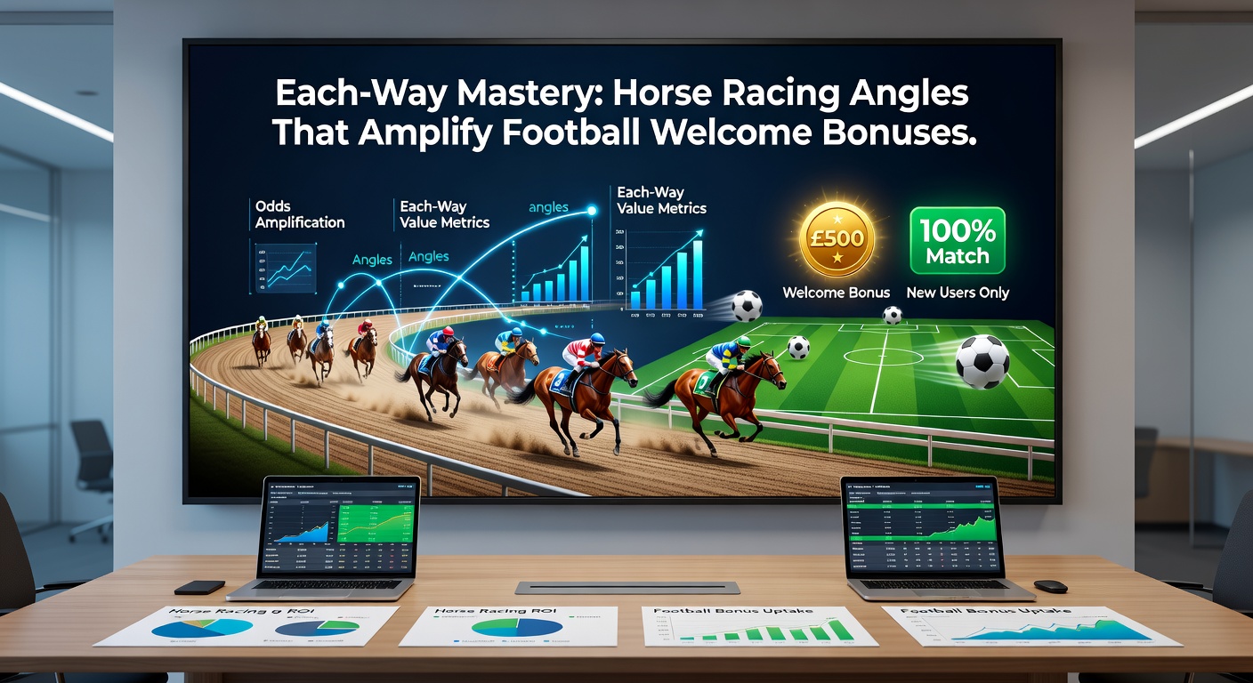 Voetbalstadion met overlay van paardenrace odds, illustrerend de synergie tussen sportbonussen en each-way strategieën