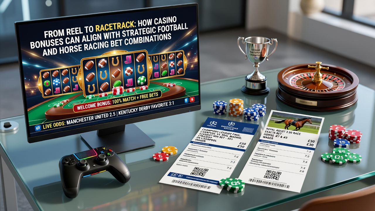 Illustratie van casino reels die overgaan in een paardenrenbaan met voetbal- en renweddenschappen