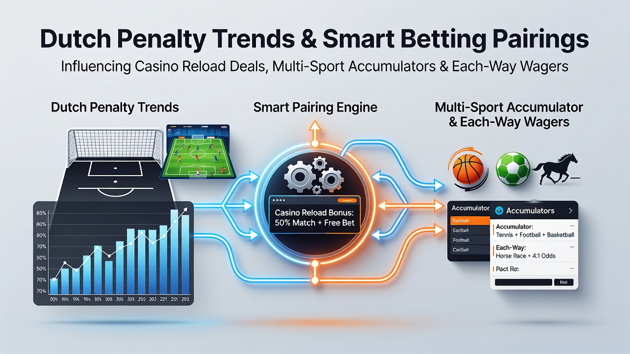 Illustratie van Nederlandse boetetrends die casino herlaadbonussen koppelen aan multisport accumulators en each-way weddenschappen