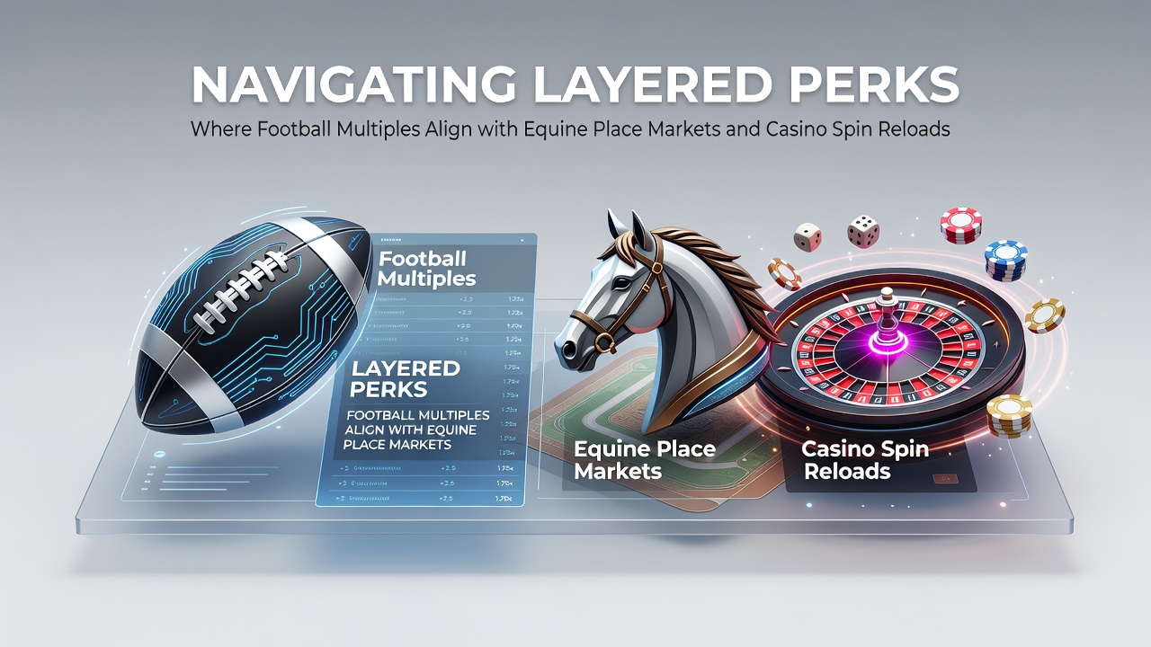 Illustratie van gelaagde bonussen waarbij voetbalaccumulators, paardenrennen en casino spins samenkomen