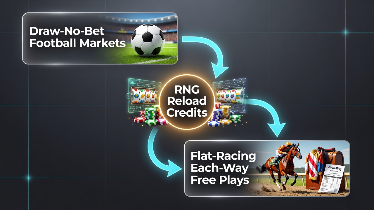 Overzicht van Draw-No-Bet voetbalmarkten gecombineerd met each-way paardenrace free plays en RNG reload credits