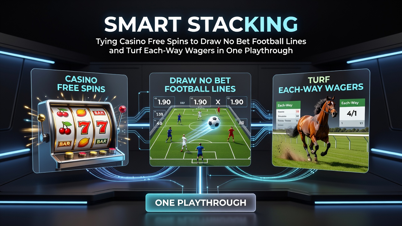 Illustratie van gekoppelde casino free spins met draw no bet voetbal en each-way paardenrennen