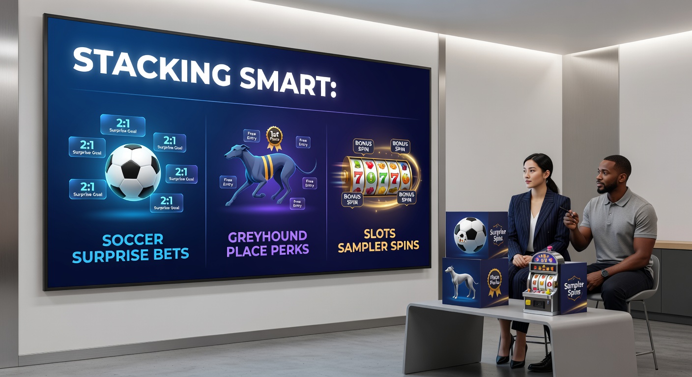 Actievolle scène met greyhoundrenners op de baan, overlapt met voetbalmatch en draaiende slots voor een stacked betting visual