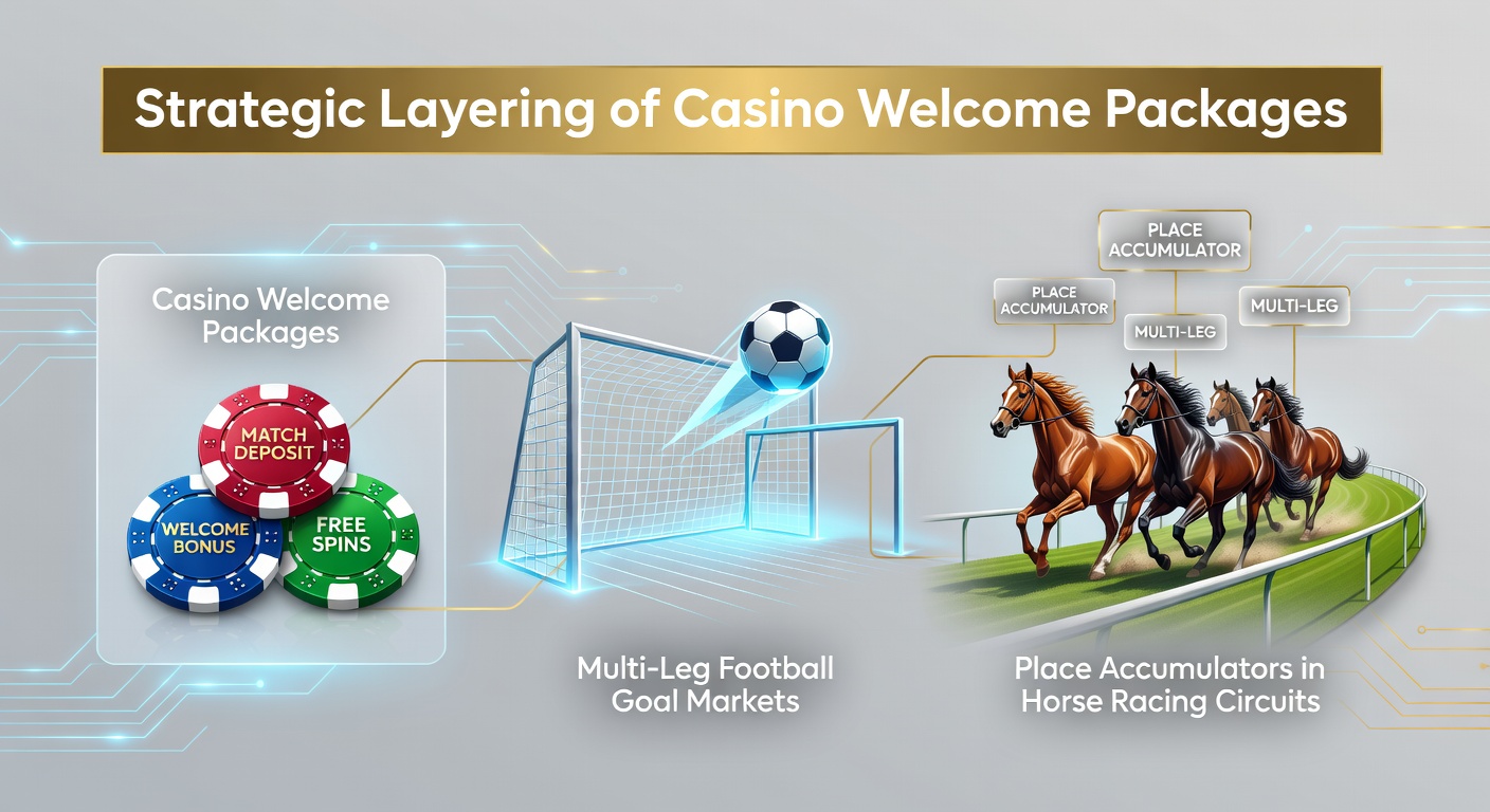Illustratie van gelaagde casino welkomstbonussen gecombineerd met voetbal- en paardenraceweddenschappen