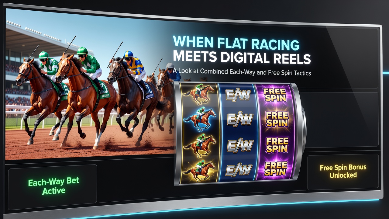 Illustratie van paardenraces gecombineerd met digitale slot reels en free spin symbolen