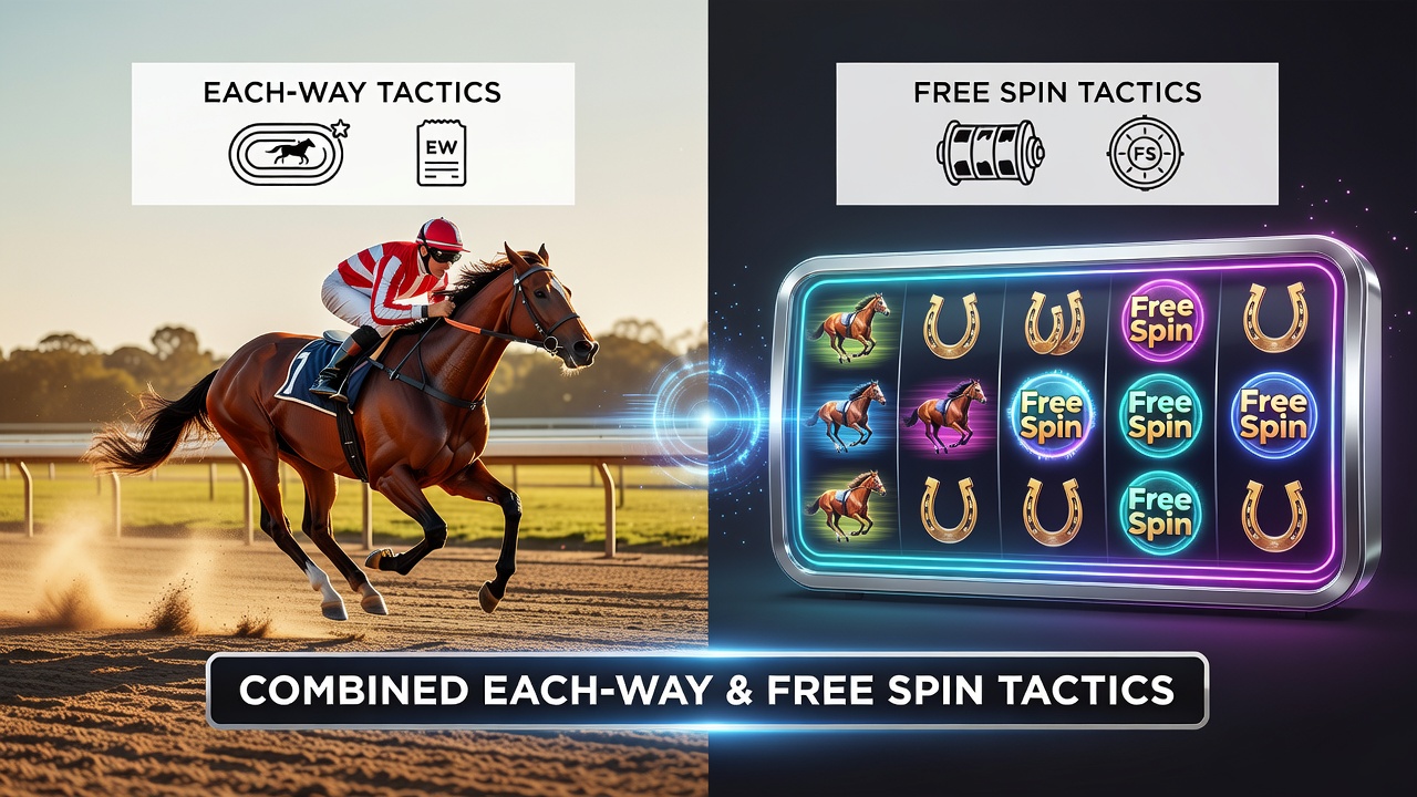 Grafische weergave van gecombineerde each-way paardenrace uitkomsten en free spin reeksen in een digitale interface